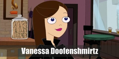 Vanessa Doofenshmirtz costume an all-black ensemble that consists of a shirt, tight pants, and boots. She has mid-length brown hair, too.