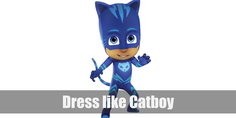 Catboy wears a blue jumpsuit with cat or tiger marks all over the body as well as a cat mask.