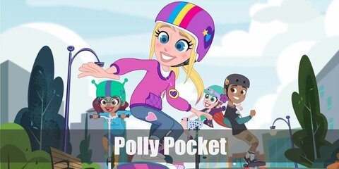  Polly Pocket’s costume is a pink hoodie and denim capris while she lugs around her big heart-shaped house. 