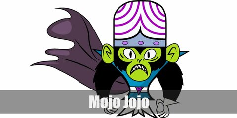  Mojo Jojo’s costume is a long blue tunic with a white belt, white gauntlet gloves, white boots, a purple cape, and a long white and purple helmet that protects his exposed brain.