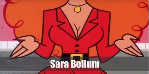 Sarah Bellum wears a red blazer, skirt, and heels. She also wears a belt and curly ginger hair.