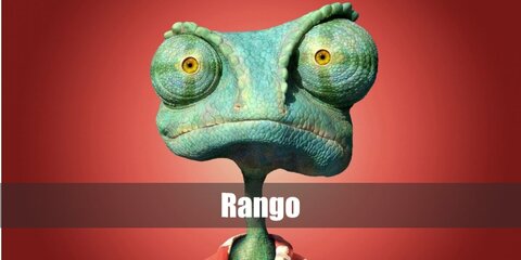 Rango's costume can be DIY-ed with a chameleon mask, a green pajama set, a tail, and a red Hawaiian shirt.