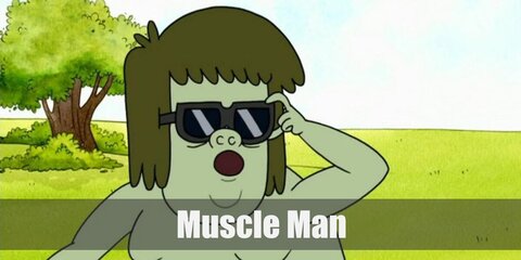  Muscle Man’s costume is a grayish blue long sleeved T-shirt, dark gray pants, and a pair of black sneakers.