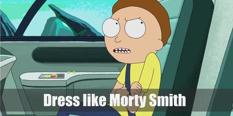 Morty Smith costume is wearing a comfy yellow t-shirt, skinny blue jeans, and white footwear. 
