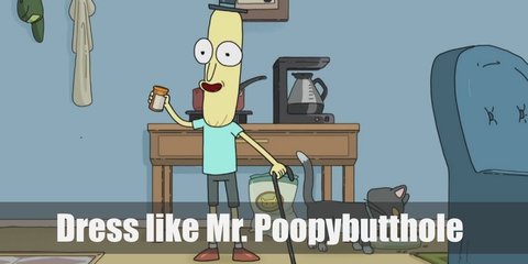 Mr Poopybutthole is a hotdog-shaped character with light yellow skin. He wears a light blue shirt with grey shorts, a black top hat, and burgundy shoes with white socks.