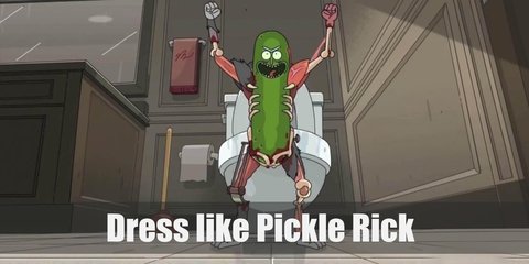 Pickle Rick's costume consists of a head-turning inflatable pickle body, black leggings, and sneakers.