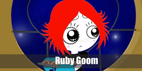 Ruby Gloom wears a black dress, striped socks, and shoes. Then, she also has red hair.