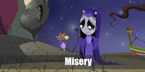 Misery's signature style features a purple or blue dress with long sleeve and floor-length skirt. She has long black hair with a veil, too.