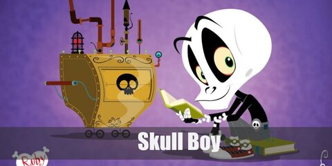 Skull Boy's costume features a skull mask, a black turtleneck, gray pants, and sneakers.