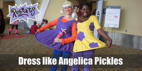 Angelica Pickles signature color is purple, she wears the dress in that color with a bright orange long-sleeved t-shirt underneath.