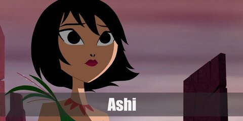Ashi's costume is an all-green ensemble with a one-shoulder top and skirt with boots or long socks. She also has short dark hair.