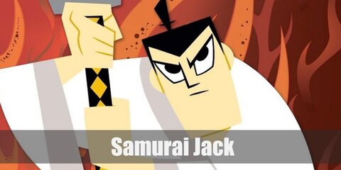 Samurai Jack’s costume is  a white kimono with gray edging, a wooden geta, and pony-tailed hair.
