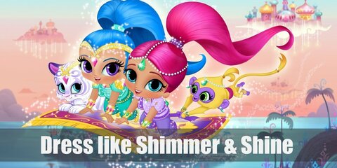  Shimmer and Shine both have harlem tops, harlem pants, gold flats, and awesome head chains. The main difference? Shimmer loves pink and Shine prefers blue.