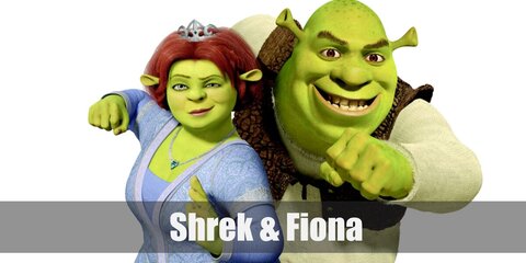  Shrek and Princess Fiona’s costume is  a tunic shirt, a brown vest, brown leggings, a brown rugged belt, and dark cloth shoes for Shrek, and a long green princess dress, a princess crown, and green flat shoes for Princess Fiona.