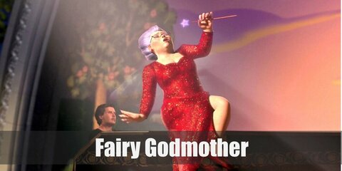  Fairy Godmother’s costume is a red sequin dress, red flats, red half-framed glasses, silver-blue hair, and a light-up fairy wand.
