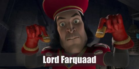 Lord Farquaad costume is a red royal cape with a red shirt dress under. He has black sleeves topped with a red pair of gloves.