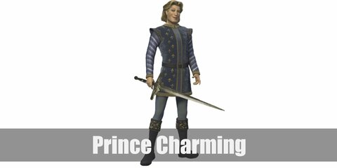 Prince Charming costume is a striped inner tunic, a short sleeved blue tunic with gold details, a black belt, knee high boots, and dark, fitting tights.