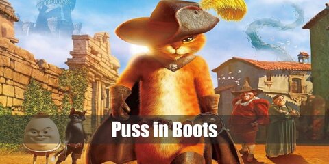  Puss in Boots’s costume is an orange long-sleeved shirt, orange pants, a black cape, black renaissance boots, a tricorn hat, and a musketeer sword.
