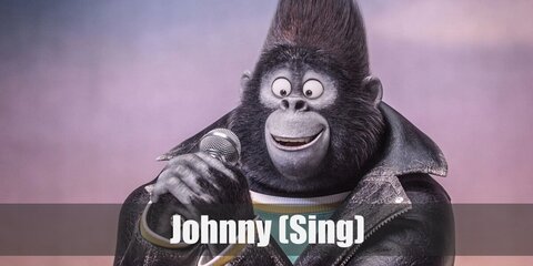  Johnny’s costume is a green thunder shirt, a black motorcycle jacket, denim jeans, and navy sneakers. A gorilla costume mask or eye mask and gorilla gloves will complete the look.