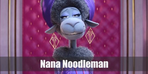 Nana Noodleman outfit is a long purple dress with a black collar. She wears her hair in a headpiece with a feather.