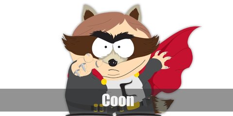  The Coon’s costume is  a white shirt, a dark gray denim jacket, dark gray pants, black shoes, a utility belt, a red hero cape, raccoon ears and tail, and finger claws.