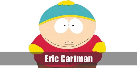 Eric Cartman’s costume is a red jacket, yellow mittens, a blue hat topped with a yellow puff ball, brown pants, black shoes and white socks.