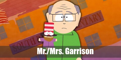  Mr. Garrison’s costume is  a long-sleeved full-zip green jacket, green scrub pants, black loafer shoes, a black belt with silver plaque buckle, and square frame eyeglasses.
