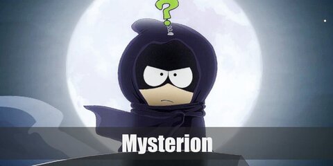 Mysterion outfit is a purple body suit with white trunks and brown boots. He has an eye mask, a cape, and a question mark dangling on top of the hood.