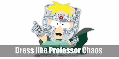Professor Chaos has a funny assortment of clothes as his costume. He wears a mint green shirt, green pants, a green cape, and aluminum foil boots, gloves, as well as an aluminum foil helmet. Oh well, whatever’s available at home!  