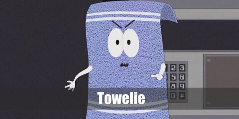 Towelie’s costume can be recreated with a cardboard box painted in light blue. Draw Towelie’s features such as eyes and mouth using black and white paint.
