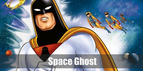  Space Ghost’s costume is a white full body suit, a black 3-hole balaclava mask, a black waist belt, long red wristbands, and a flowing yellow superhero cape.