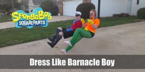 Barnacle Boy wears a red long-sleeved shirt, a pair of rubber shorts, blue fins, and a white sailor’s hat. Here’s everything you need to look like Barnacle Boy