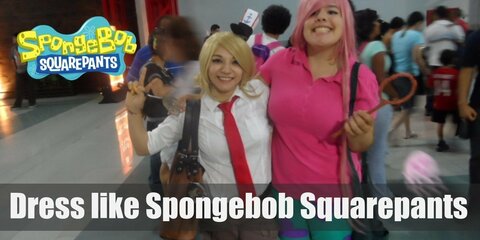 SpongeBob SquarePants costume is a crisp white shirt with a red necktie, a pair of brown khaki shorts (or pants as he calls it), white knee-high crew socks with blue and red stripes, as well as black leather shoes.