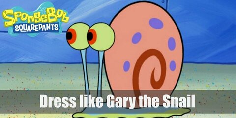  Gary the snail costume looks like a regular snail but has a light blue body with a green underbelly, long antenna eyes, and a pretty pink shell.