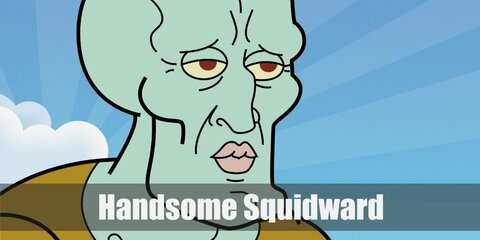 Handsome Squidward’s costume is a mustard-colored leotard, a wide black belt with a gold buckle, and pink lipstick. 