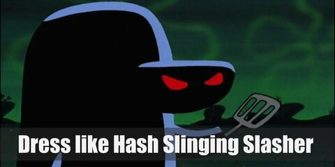  The Hash Slinging Slasher costume is light green skin with red freckles, with a purple hoodie and has a spatula on one of his hands.