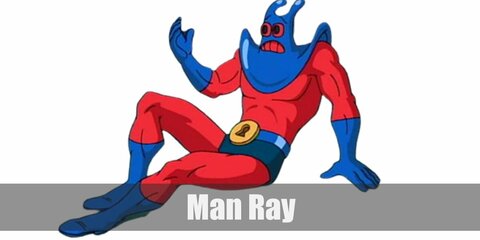  Man Ray’s costume is a full red bodysuit, blue swim boxers, blue boots, blue gloves, a yellow belt buckle, and a blue ray mask.