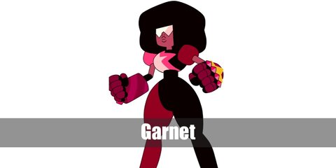  Garnet’s costume is a black full bodysuit painted in shades of pink and purple, hulk gloves painted in pink and purple, shiny sunglasses, and a huge afro wig.