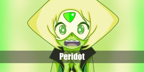  Peridot’s costume is a sleeveless green bodysuit with black and diamond details, green shoes, and black half-mask, and a triangular-shaped blonde hairdo.