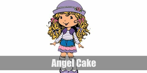 Angel Cake's cute costume features a striped skirt, a shrug, and a skirt. She also has purple shoes and a hat. Angel Cake's hair is blonde.
