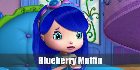 Blueberry Muffin's costume features a layer of blue and pink tops and a blue skirt. She also has striped socks and blue shoes. Complete her look with a blue wig.