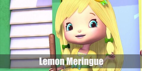 Lemon Meringue outfit is a yellow cardigan, striped tights, shoes, and has blonde hair. She adds color to her look with her blue skirt and green ribbons on her hair.