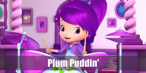 Plum Puddin' outfit is a purple cardigan, blouse, and a blue skirt. She styles it with her striped socks and shoes. Complete the costume with purple wig.