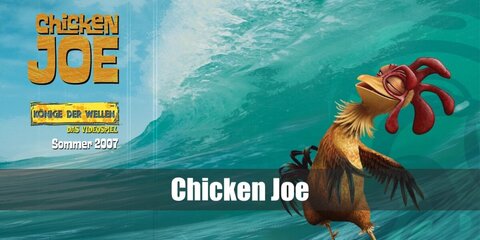  Chicken Joe’s costume is a chicken onesie, a natural grass hula skirt, a coconut bra, and a coconut helmet.