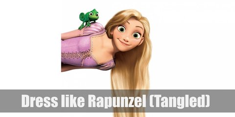 Rapunzel costume is a light purple and pink long dress. Her singature long locks can be seen in braids, too. 