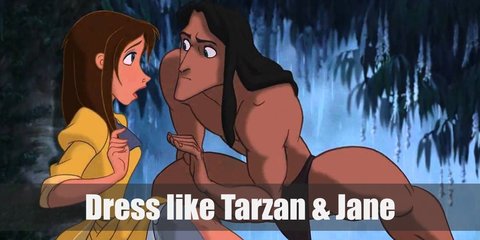 Tarzan costume includes a cloth cover on the loin, a brown wig, and abs shirt. Jane wears a yellow dress with a high collar, purple neck tie, and a green accent on the waist.