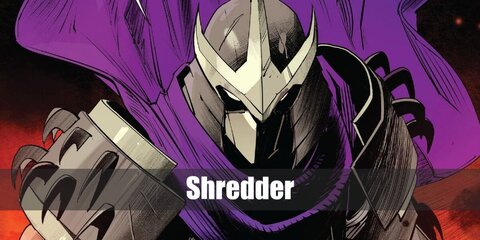 Shredder's costume can be recreated  by wearing a gray top and kiln. He has a metallic ensemble featuring a helmet, arm guards, and shin guards. Complete the look with a purple cape.