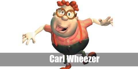  Carl Wheezer’s costume is a striped orange T-shirt, regular green twill cargo pants, orange slip-on shoes, orange suspenders, and brown thick-framed round glasses.