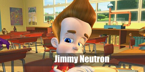 Jimmy Neutron’s costume is  a red Jimmy Neutron nuclear T-shirt, stretch blue jeans, white casual sneakers, and has troll-style thick brown hair.