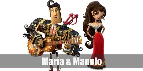 Maria Posada costume is an off-shoulder top with a red long skirt. Meanwhile, Manolo Sanchez costume a black bull-fighting coat with gold-toned embellishments. He also carries a guitar.